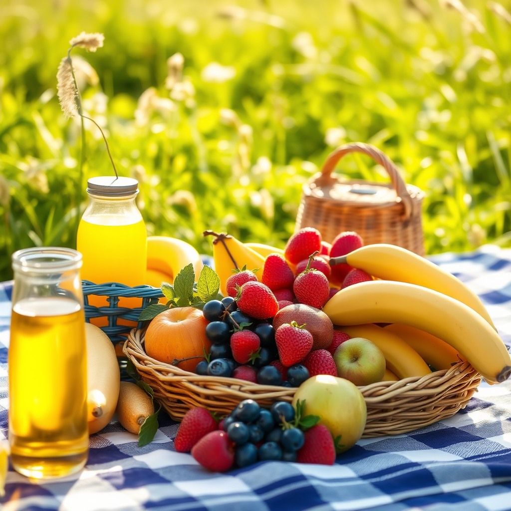 summer fruits picnic scene, natural sunlight