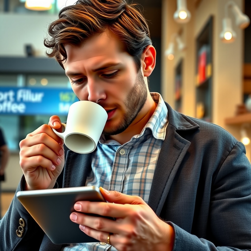 Photo-realistic editorial photography, realistic scene representing a man drinking coffee while reading news on tablet