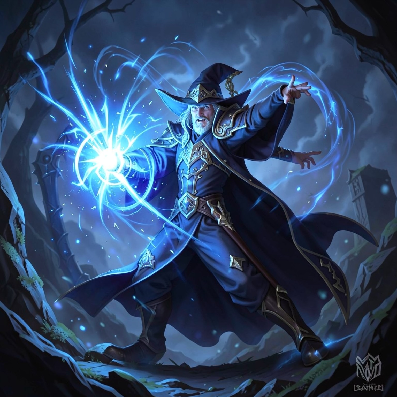 fantasy wizard casting powerful blue magic spell