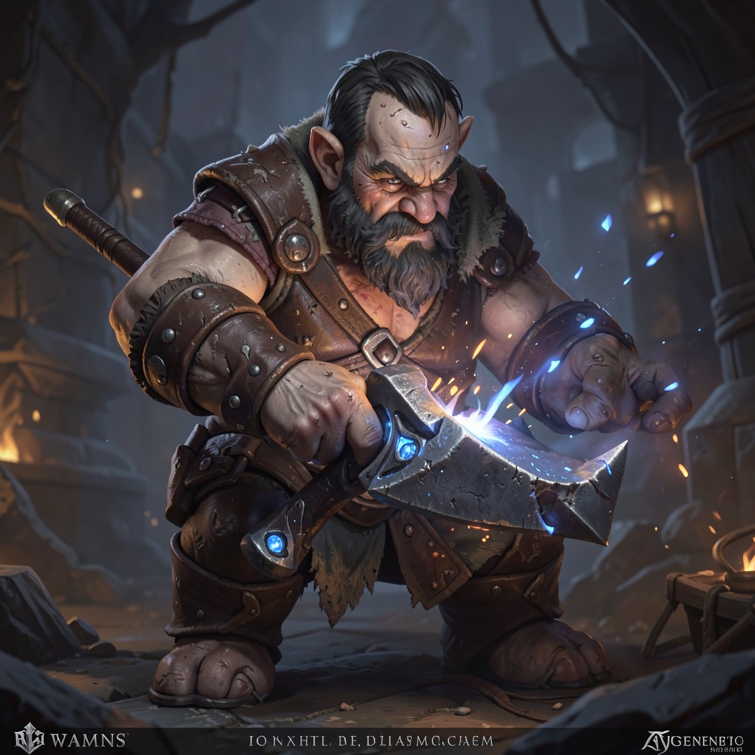 fantasy dwarf blacksmith forging magical weapon