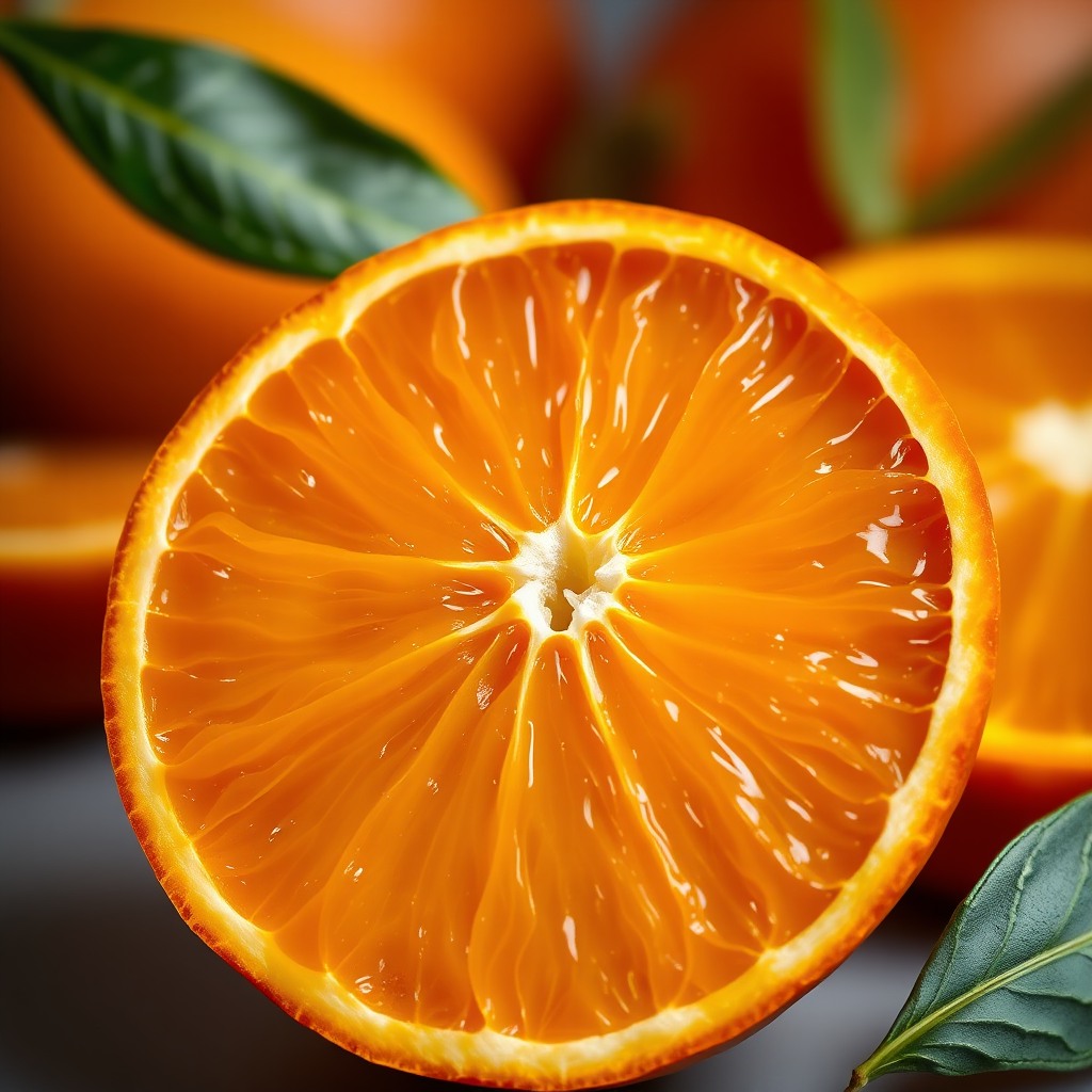juicy orange sliced open, vibrant colors, high detail, commercial style