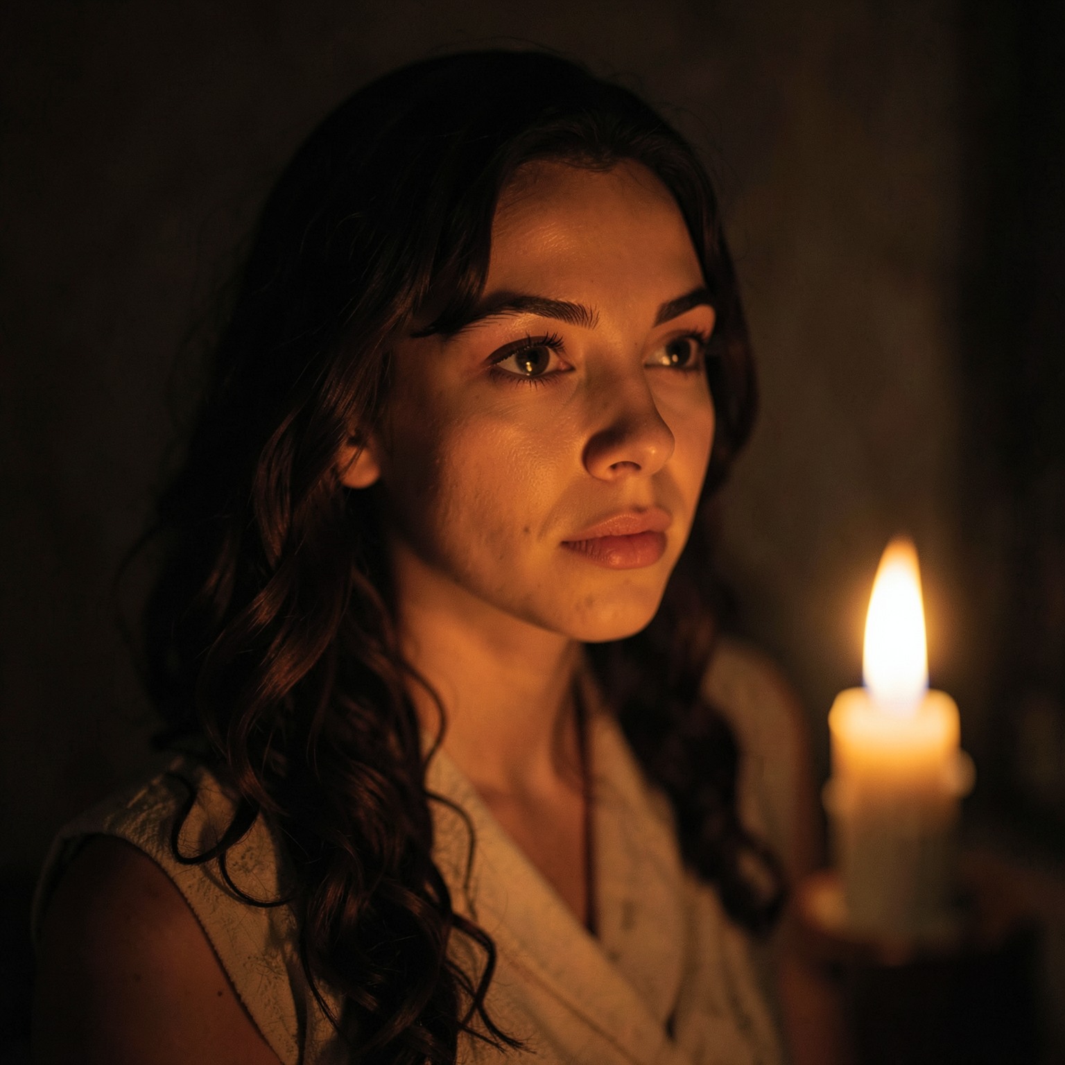 Cinematic portrait of woman illuminated only by candlelight, warm atmosphere
