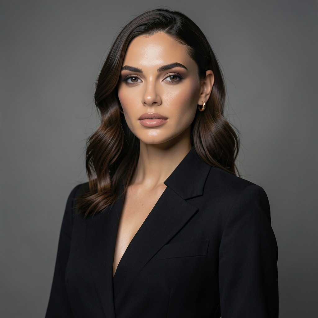 High-end fashion portrait of a beautiful woman, confident expression, flawless skin, studio lighting, soft shadows, minimal background, luxury editorial style, ultra-detailed, photorealistic, Vogue aesthetic, photorealistic cinematic, cinematic lighting