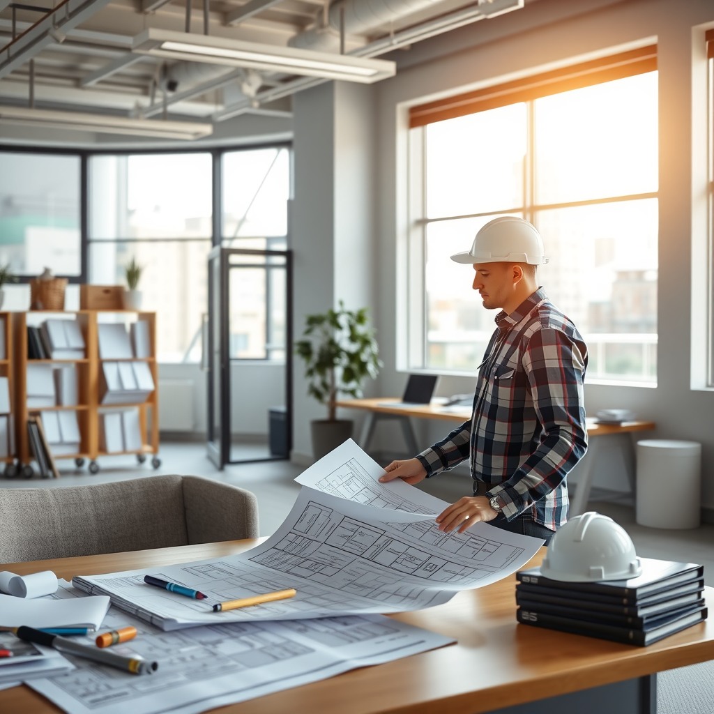 Photo-realistic editorial photography, realistic scene representing a construction architect reviewing blueprints, modern office, daylight