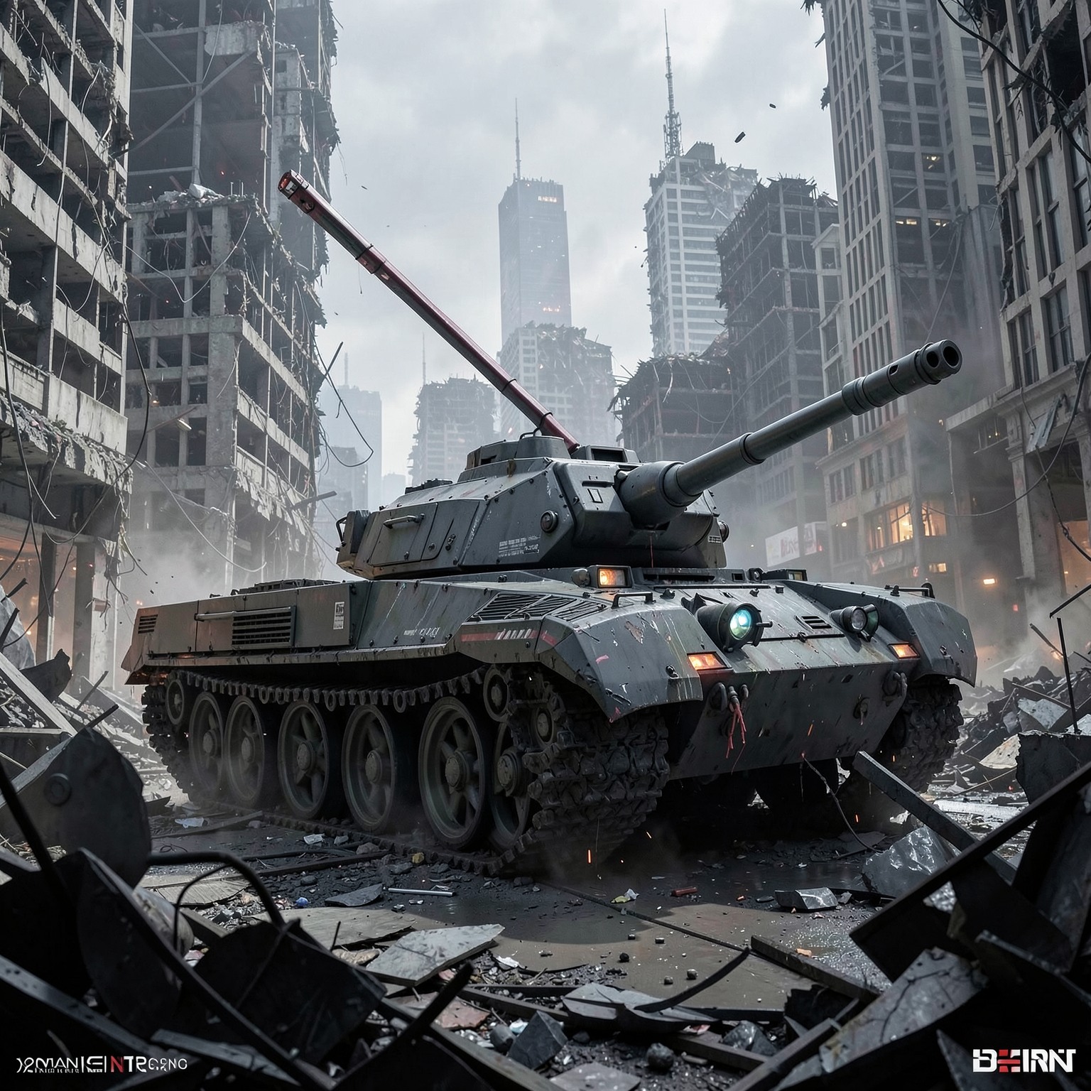 Futuristic tank in destroyed megacity