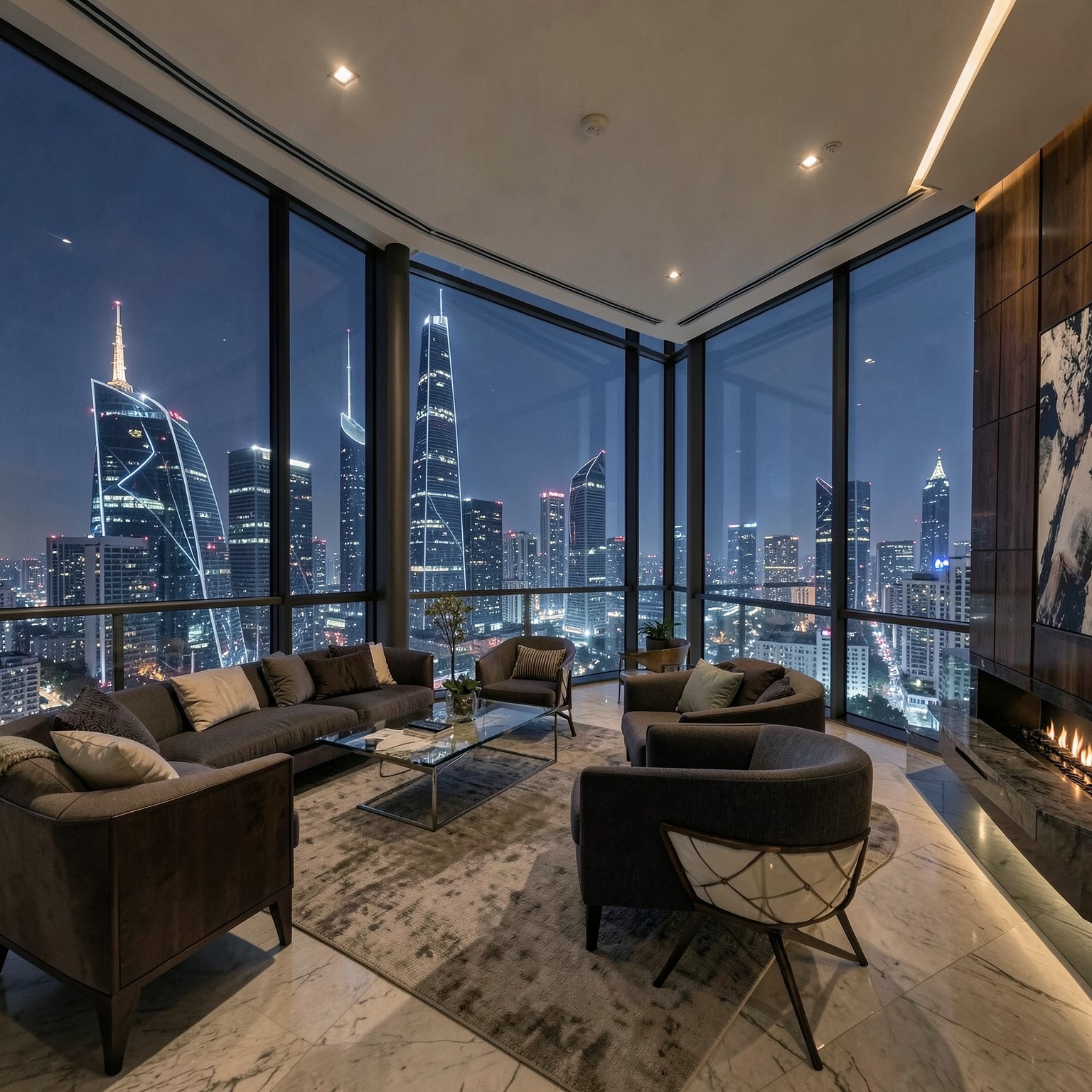 luxury penthouse interior overlooking futuristic skyline at night