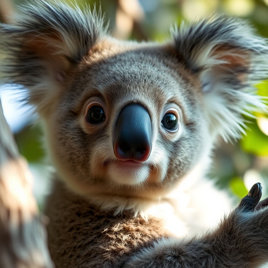 fluffy koala, soft natural daylight, big sparkling eyes