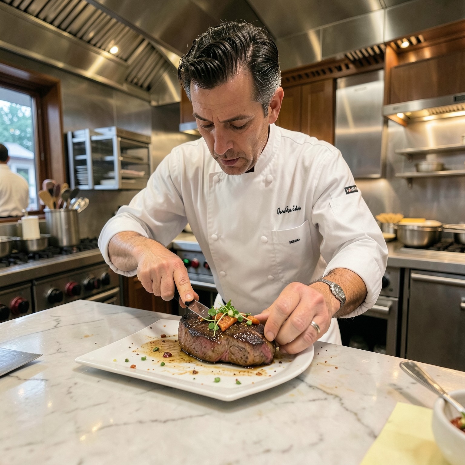 realistic chef preparing gourmet steak in luxury kitchen