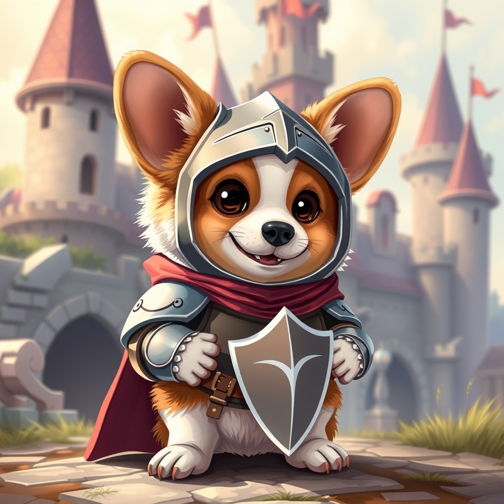 cute corgi dressed as a medieval knight, small armor, heroic pose, fantasy castle background, vibrant colors, soft lighting, highly detailed illustration