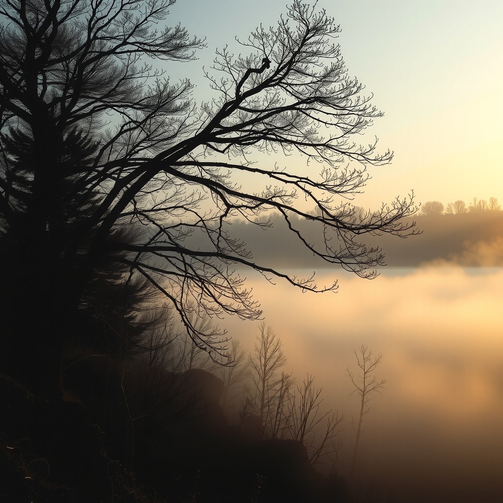 Photo-realistic editorial photography, realistic scene representing light fog landscape