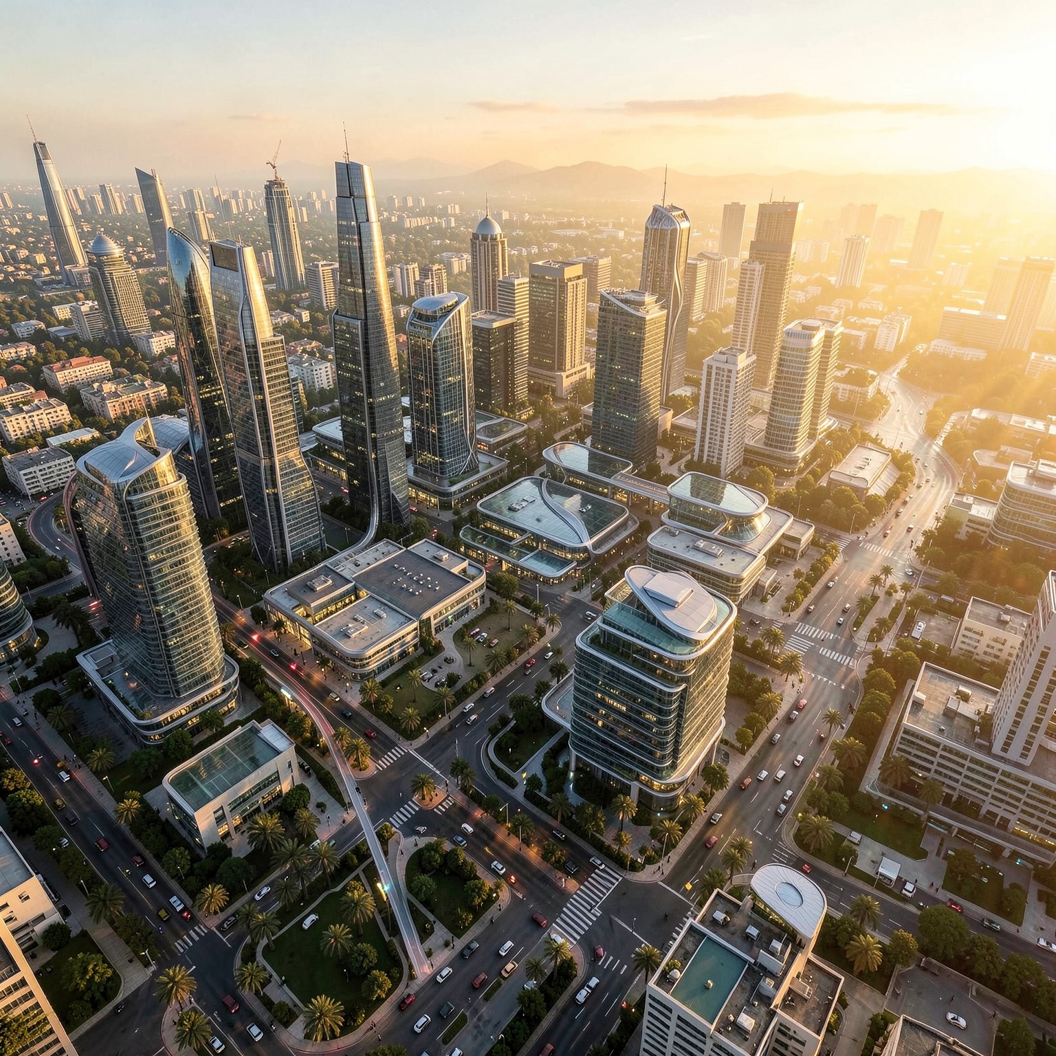 Golden hour aerial view of futuristic smart city, ultra detailed render