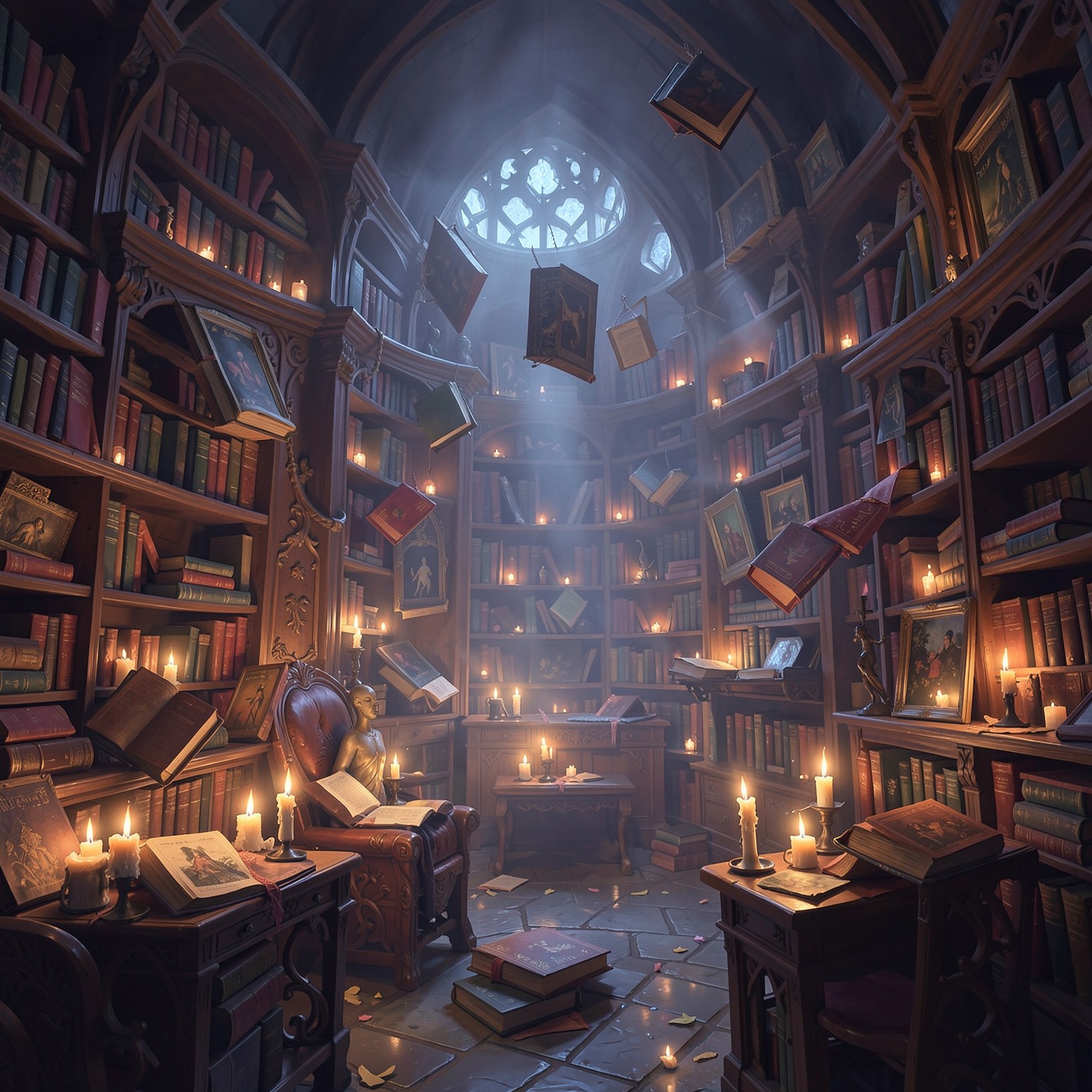 magical library with floating books and glowing candles