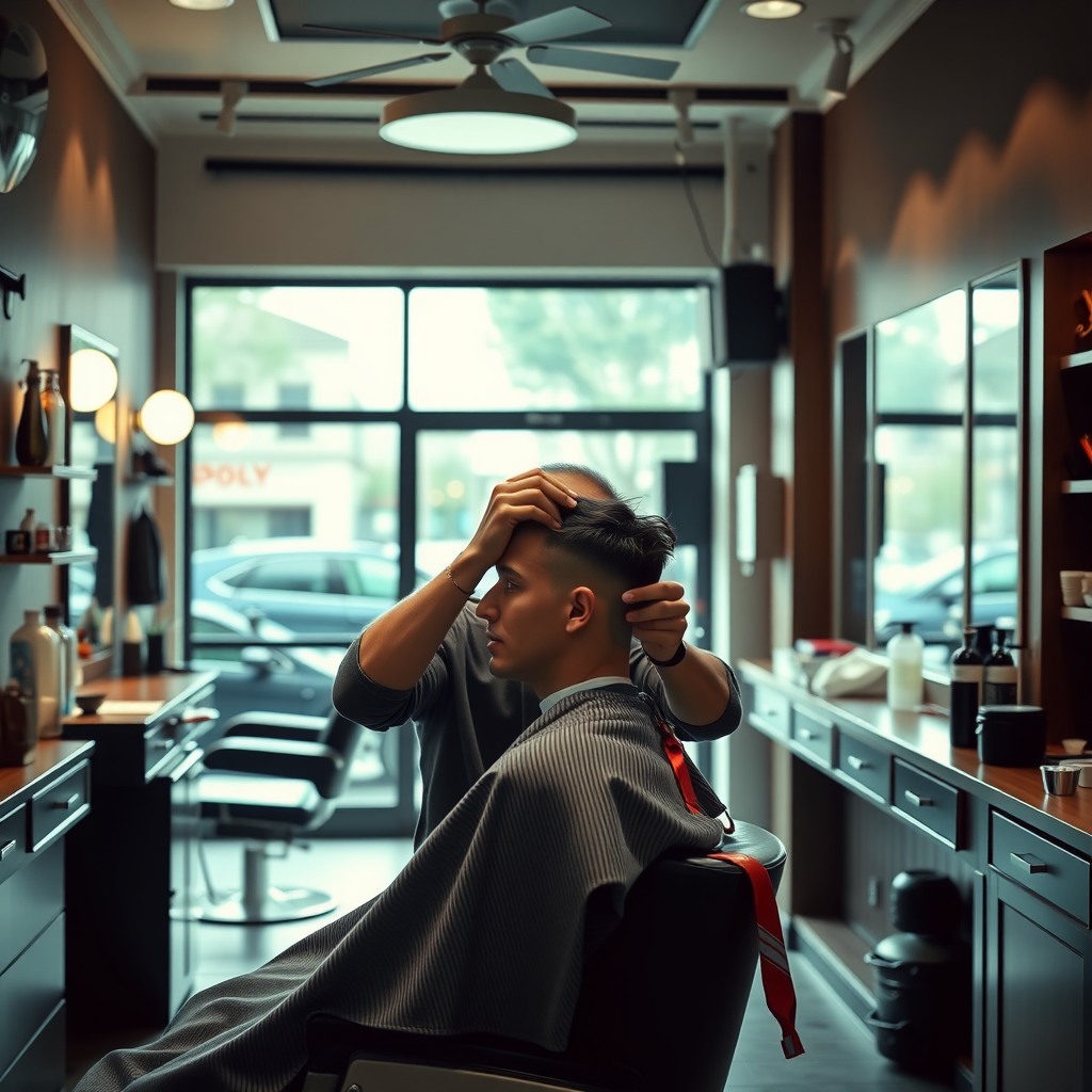 Photo-realistic editorial photography, realistic scene representing a barber cutting hair in modern barbershop, natural light, professional composition