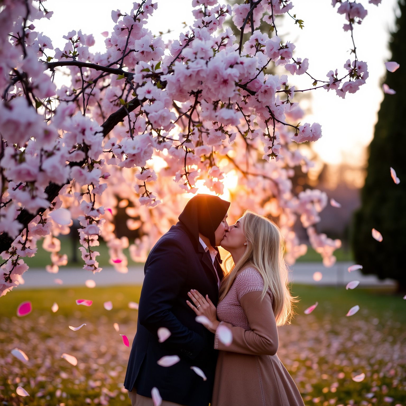 A couple sharing a kiss under a cherry blossom tree with falling petals at sunset.
