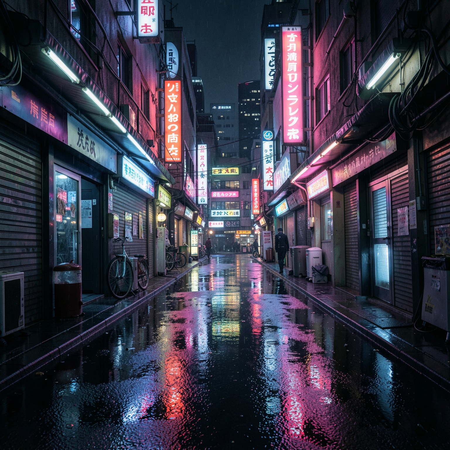 futuristic cyberpunk alley in Tokyo at night, neon reflections on wet asphalt, cinematic lighting, ultra detailed, flux style