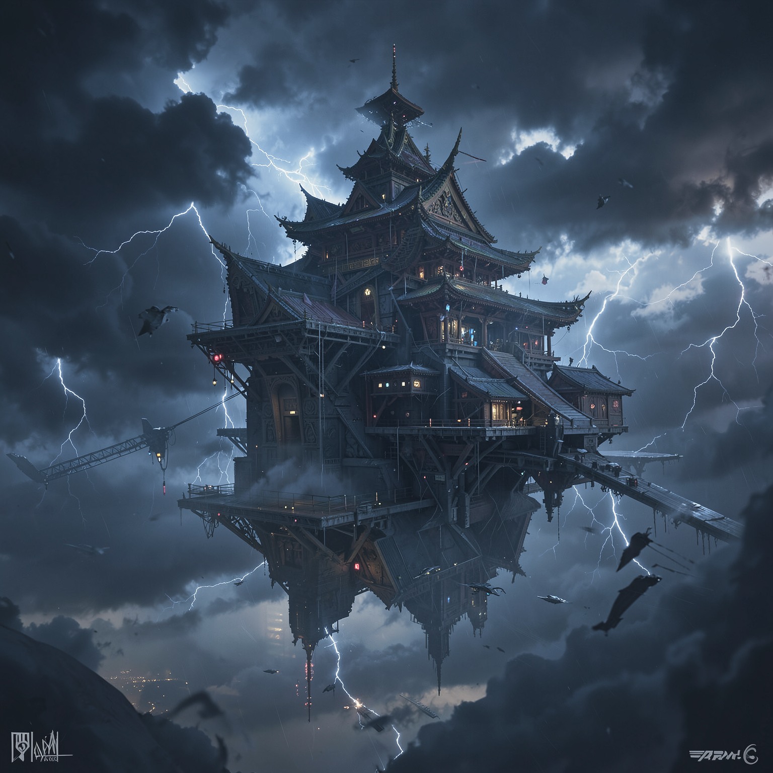 floating cyberpunk temple above storm clouds