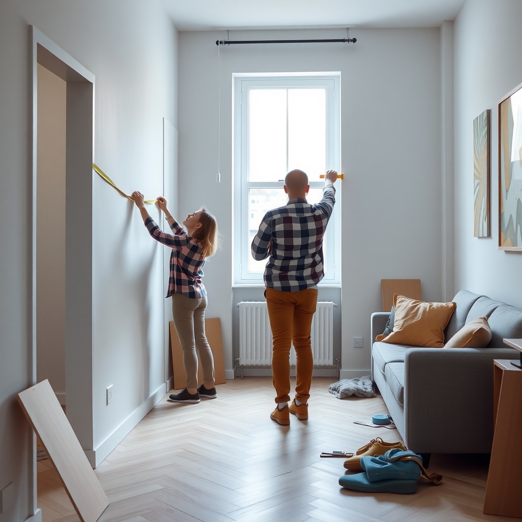 Photo-realistic editorial photography, realistic scene representing a couple renovating apartment, measuring walls, modern interior, natural daylight