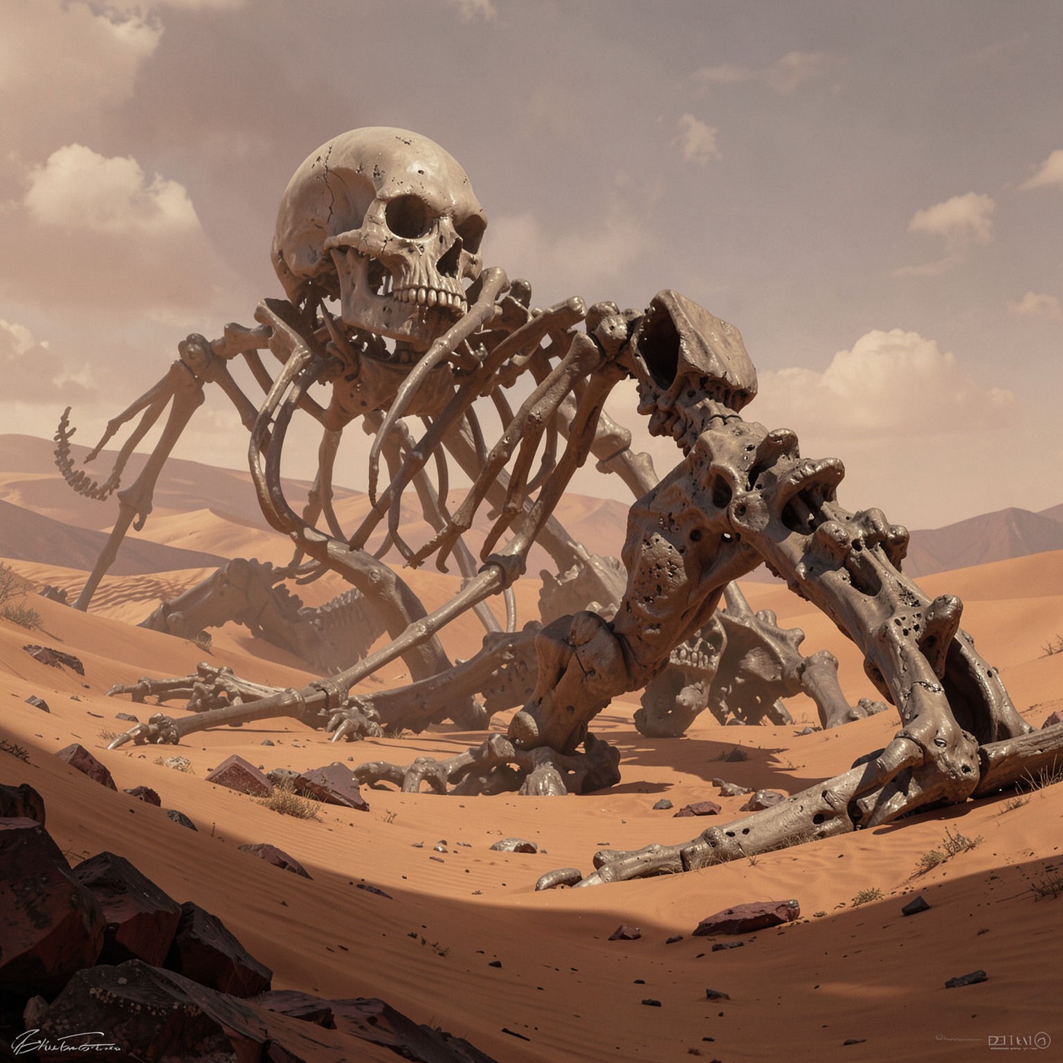 Alien desert with gigantic skeleton remains