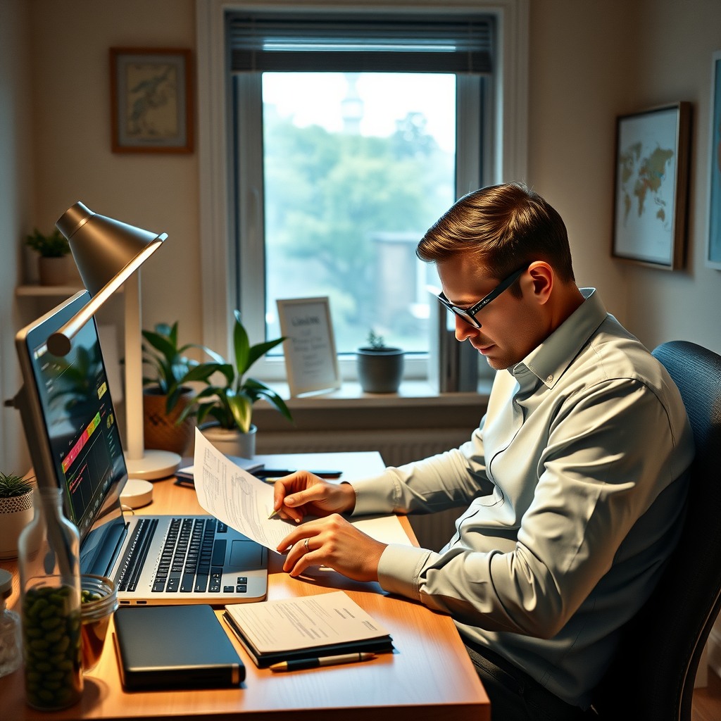 Photo-realistic editorial photography, realistic scene representing a man reviewing finances at home desk