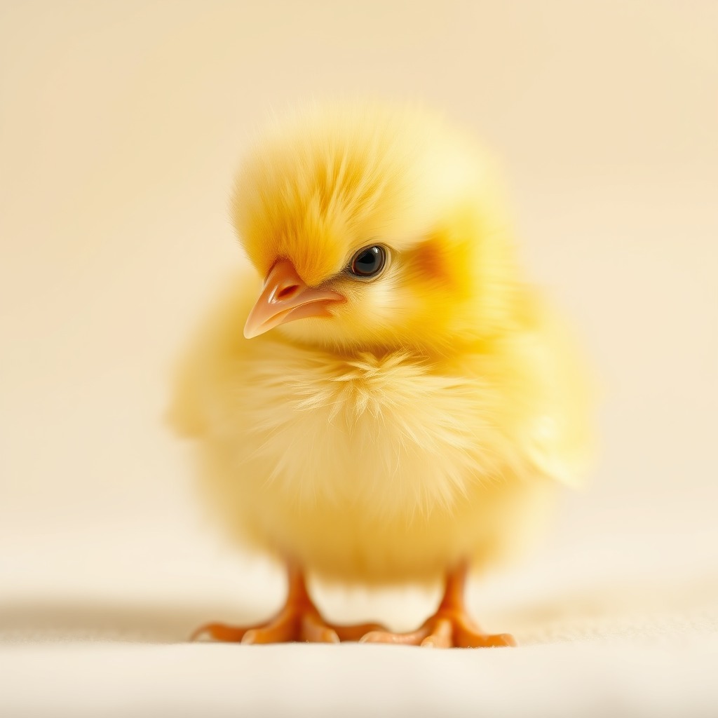 adorable baby chick, fluffy yellow feathers, soft daylight, pastel background