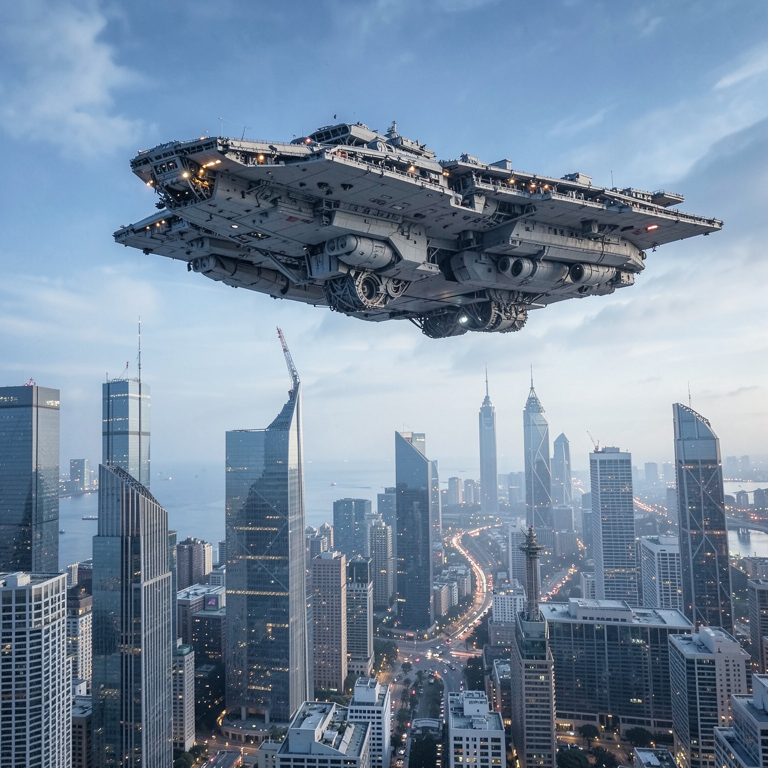 massive spaceship hovering above modern city skyline