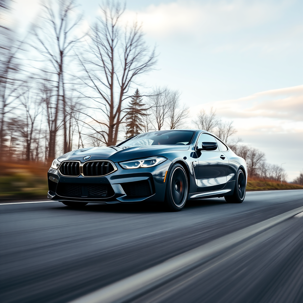 bmw car m8  on the road, photorealistic cinematic, wide angle, 24mm wide lens