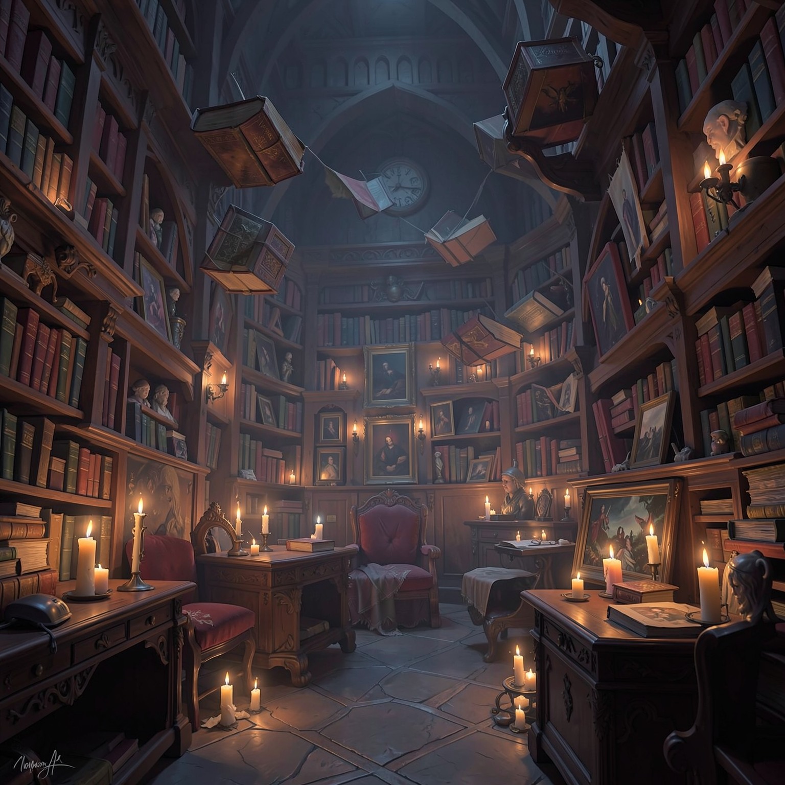 magical library with floating books and glowing candles