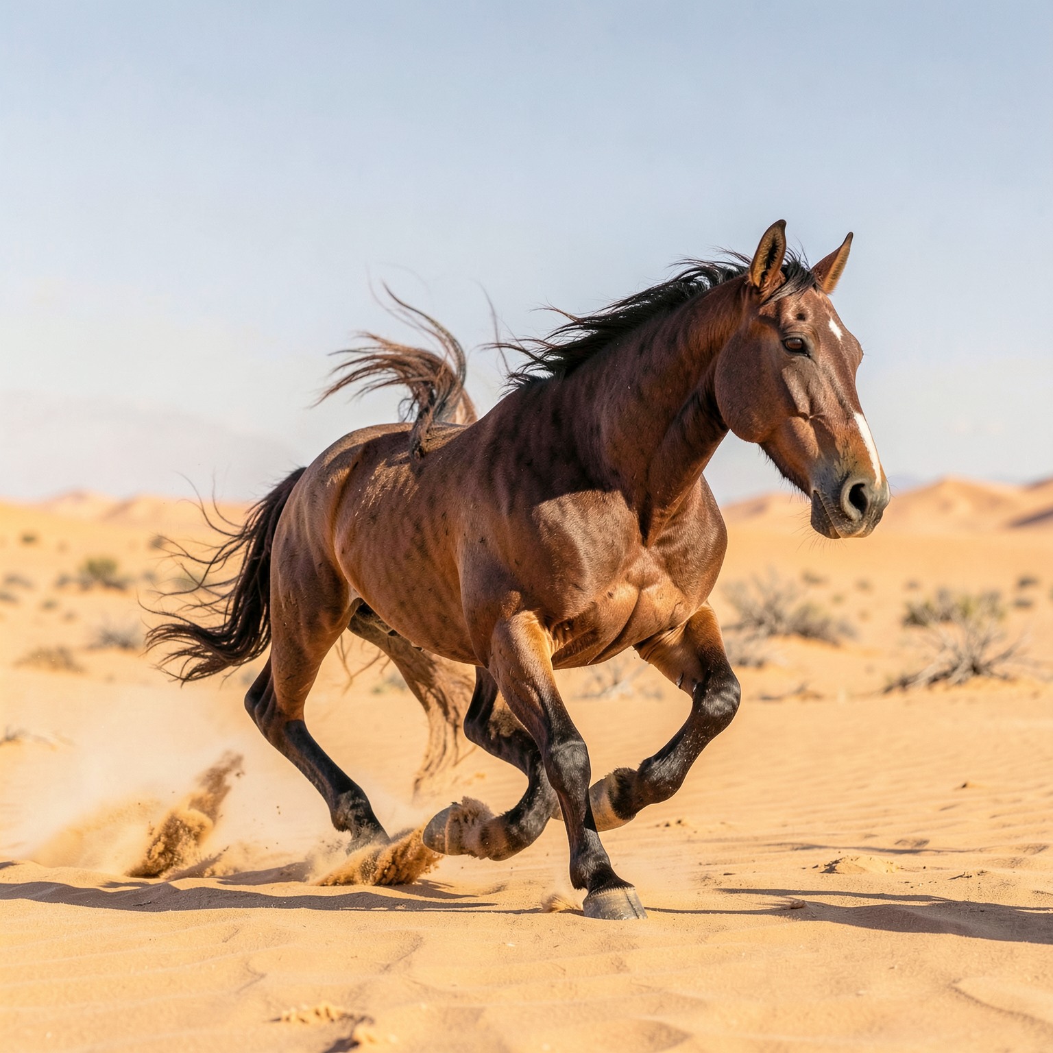 realistic horse running through desert