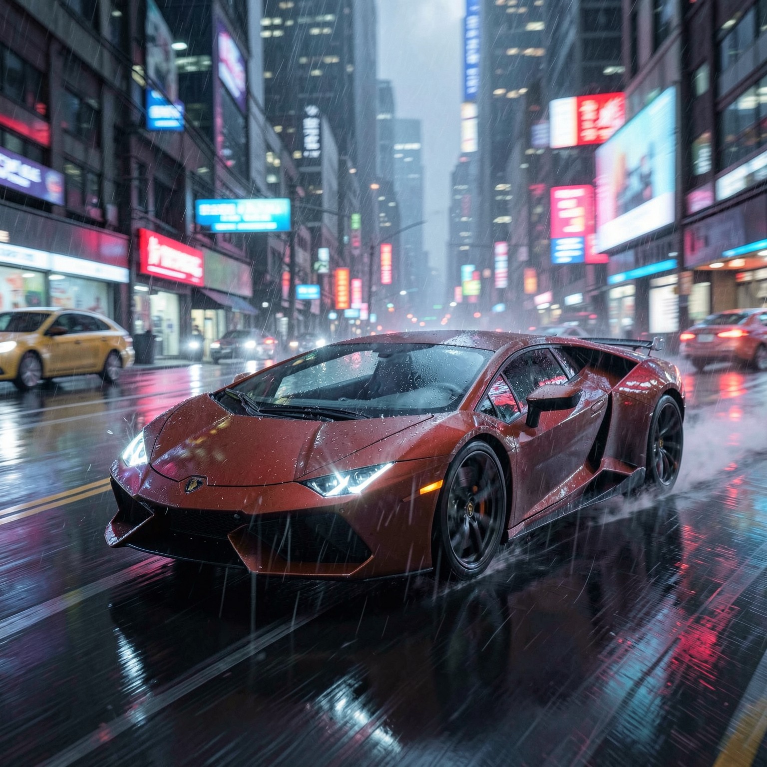 futuristic Lamborghini driving through cyberpunk city, motion blur, rain