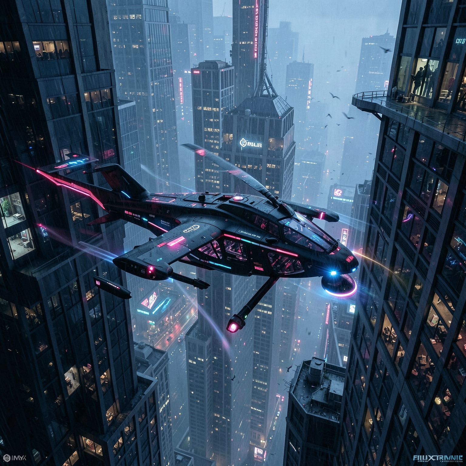 cyberpunk flying taxi between skyscrapers