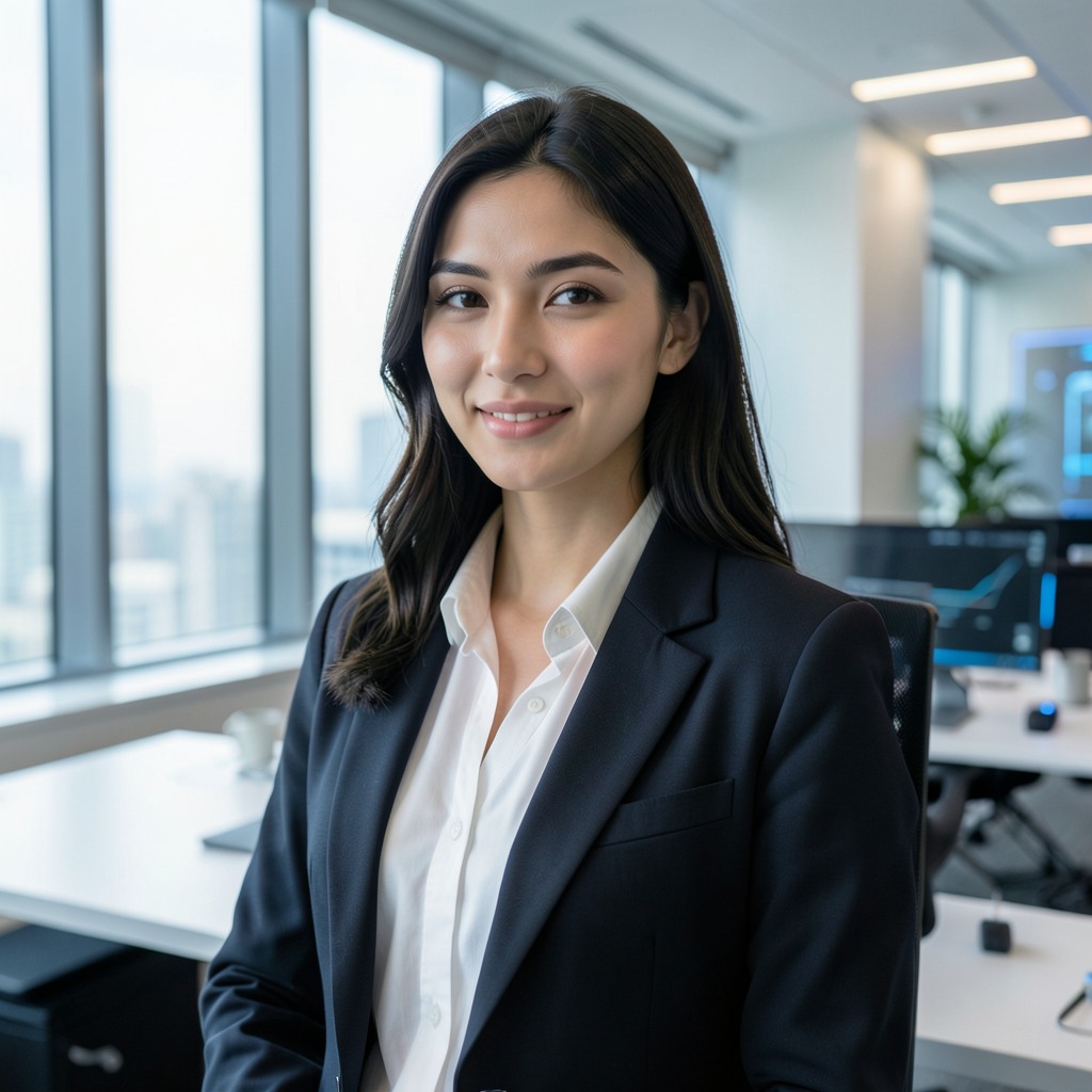 ultra realistic photo of a beautiful young woman in modern office, soft window light, clean composition, professional photography, shallow depth of field, futuristic tech