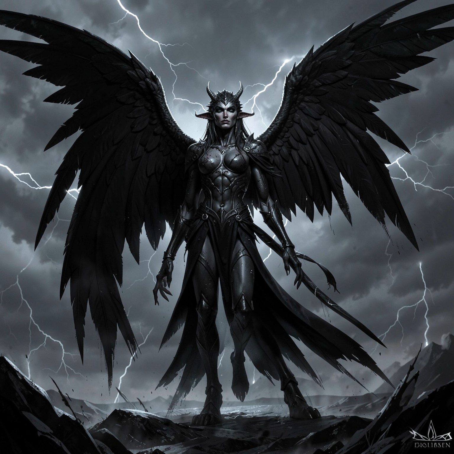 dark angel with giant black wings standing in storm