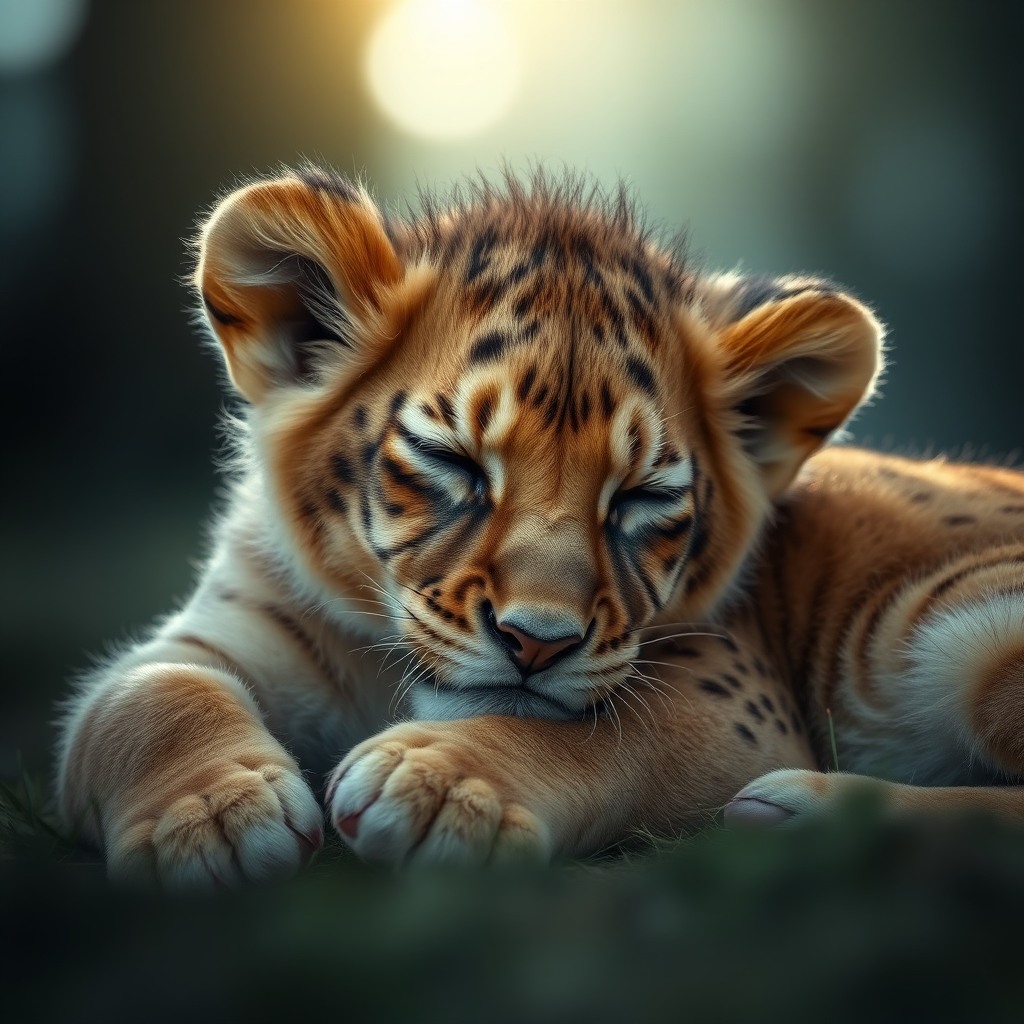 sleepy lion cub, dreamy atmosphere, soft glow