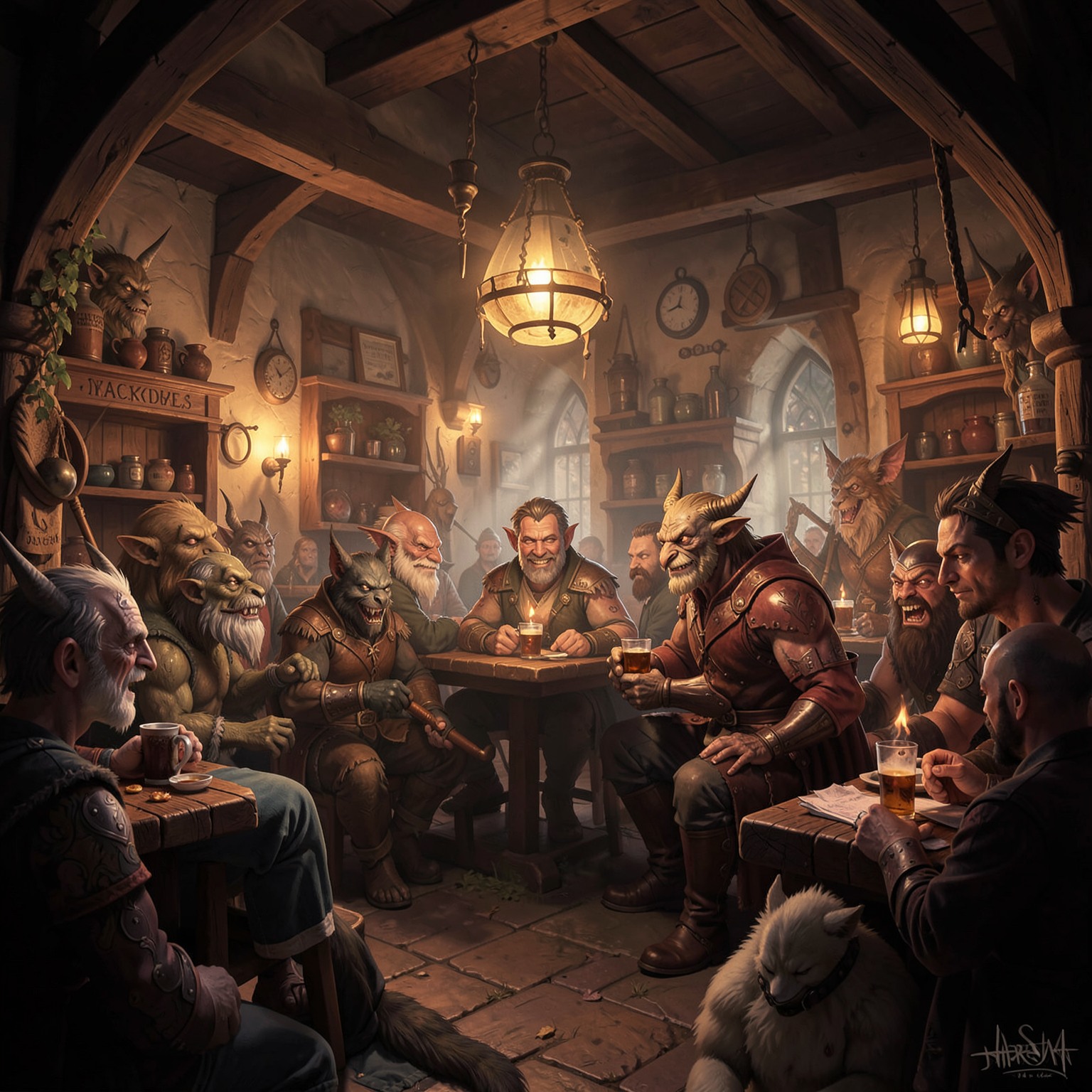 Medieval tavern full of fantasy creatures, warm cinematic lighting