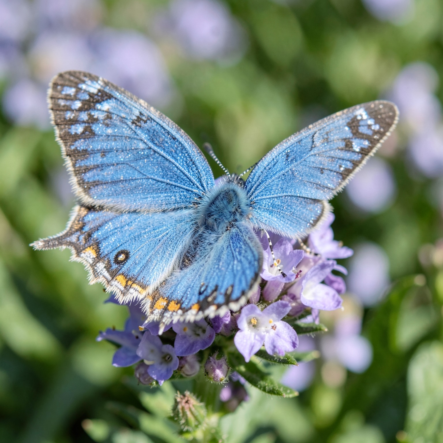 realistic close-up of blue butterfly on flower