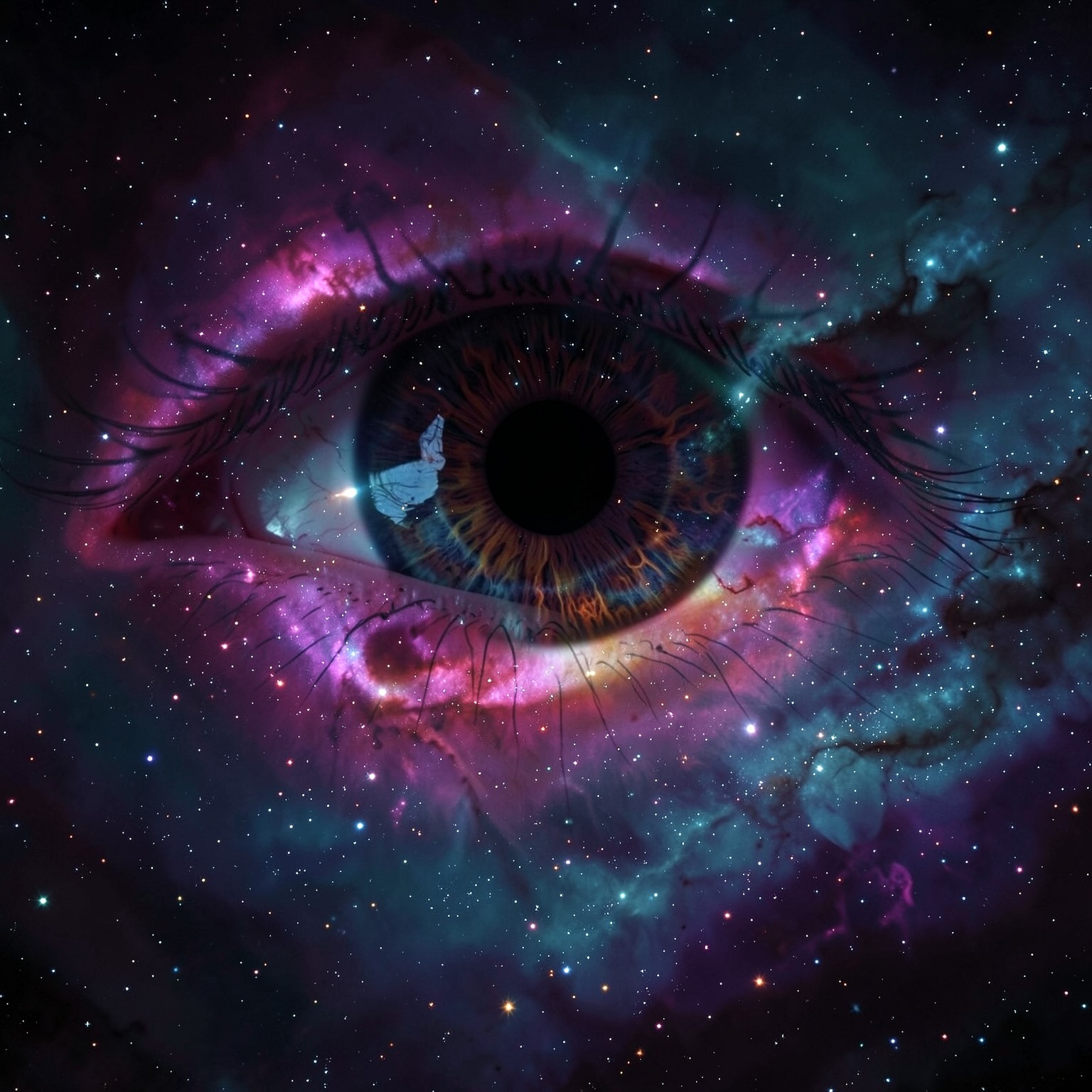 Giant cosmic eye appearing in deep space nebula, surreal sci-fi art