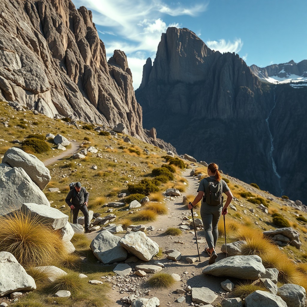 Photo-realistic editorial photography, realistic scene representing rocky mountain trail