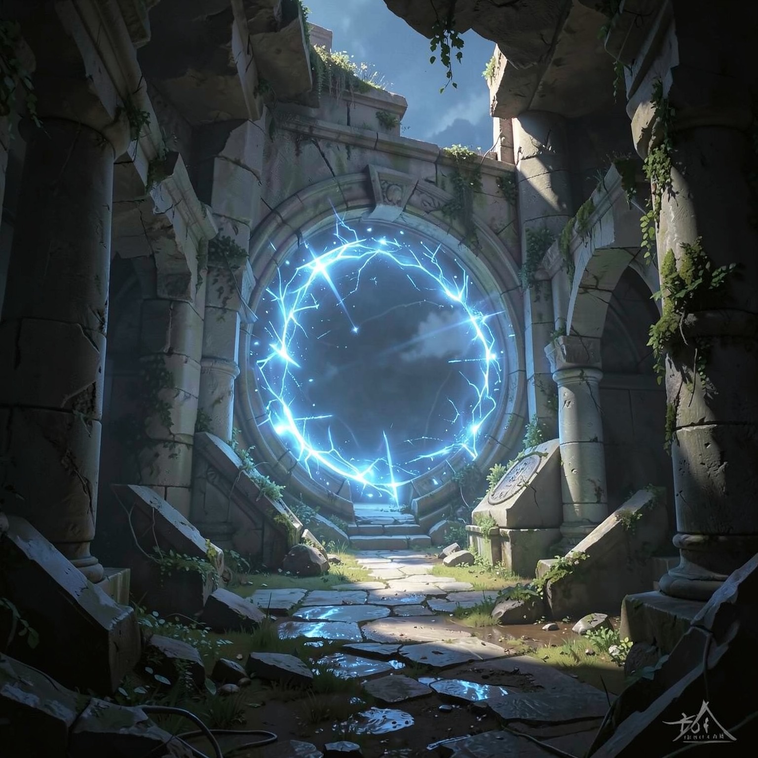 fantasy portal opening inside ancient ruins