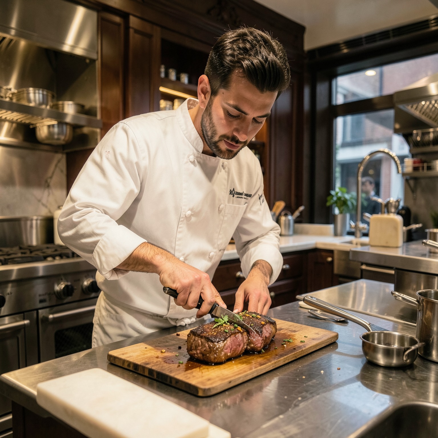 realistic chef preparing gourmet steak in luxury kitchen