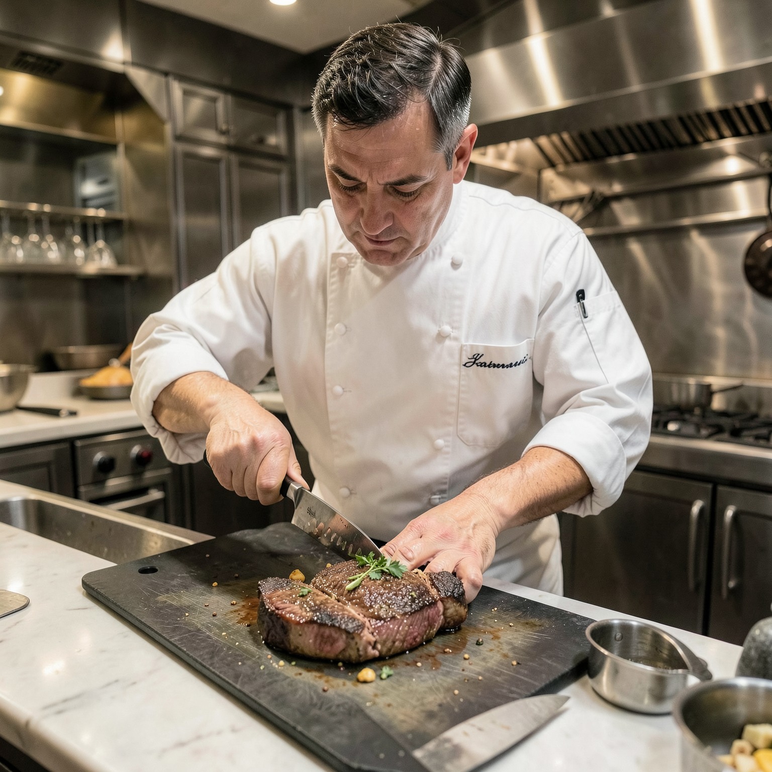 realistic chef preparing gourmet steak in luxury kitchen