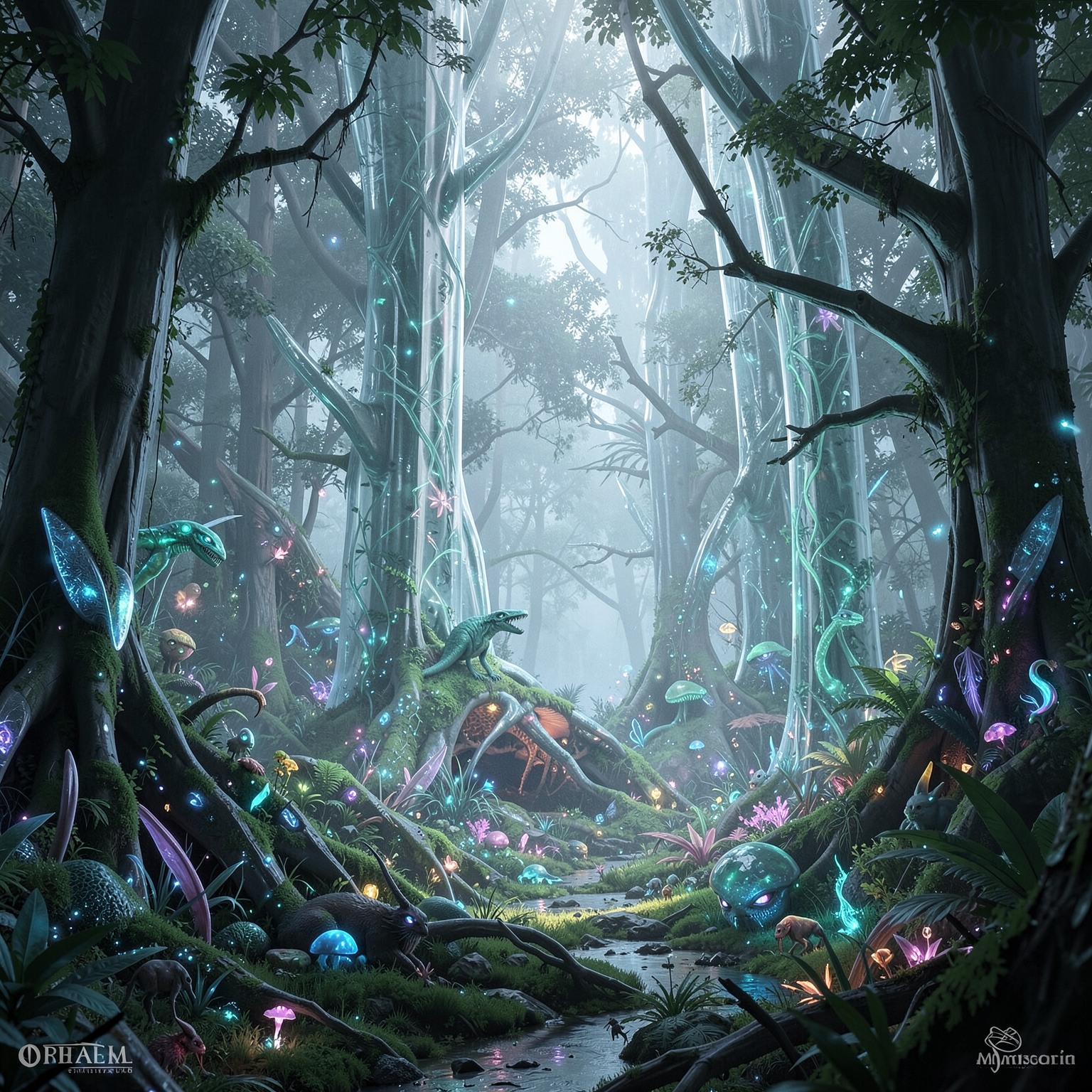 Alien jungle with transparent trees and bioluminescent animals, ultra detailed environment