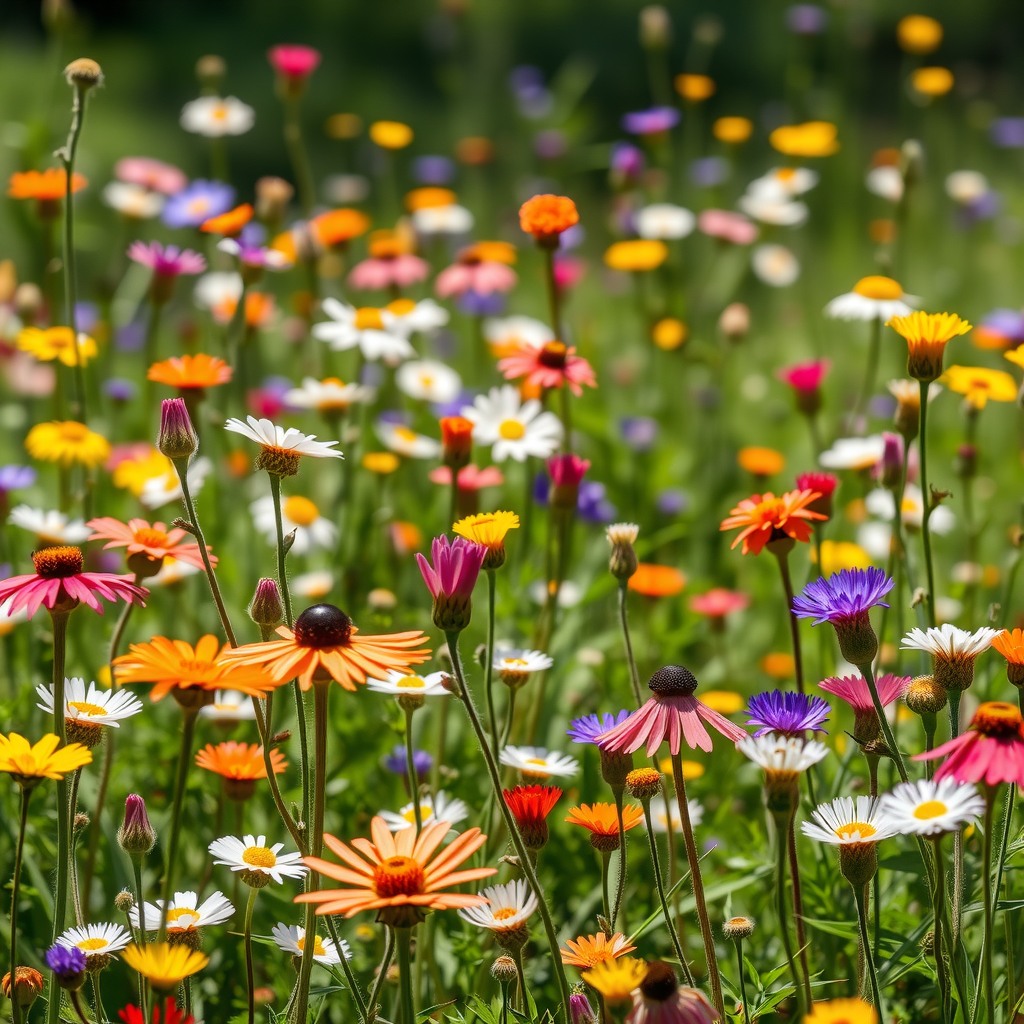 Realistic scene of a wildflower meadow in full bloom, natural sunlight, vibrant yet realistic colors