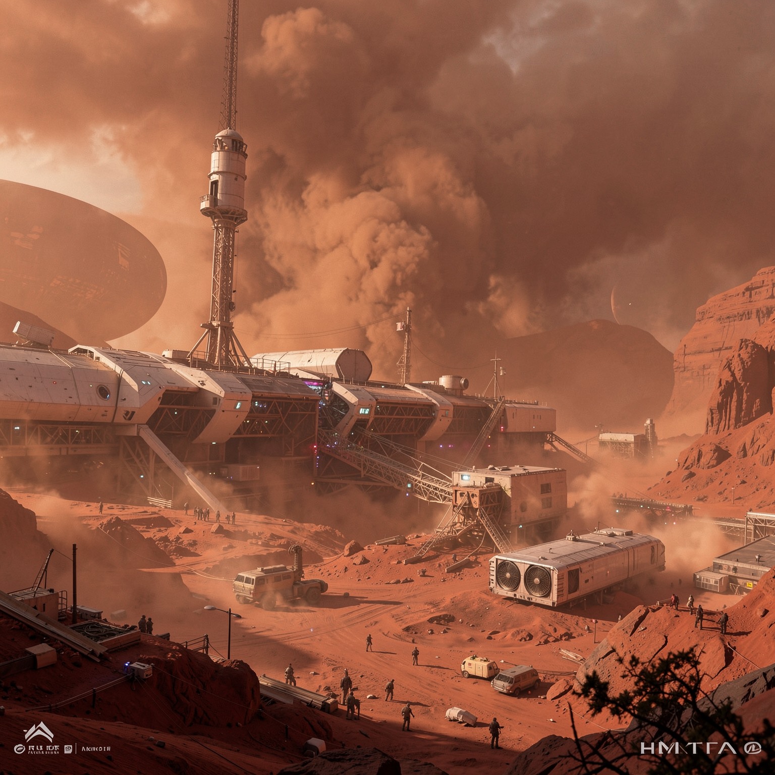 futuristic Mars colony during dust storm