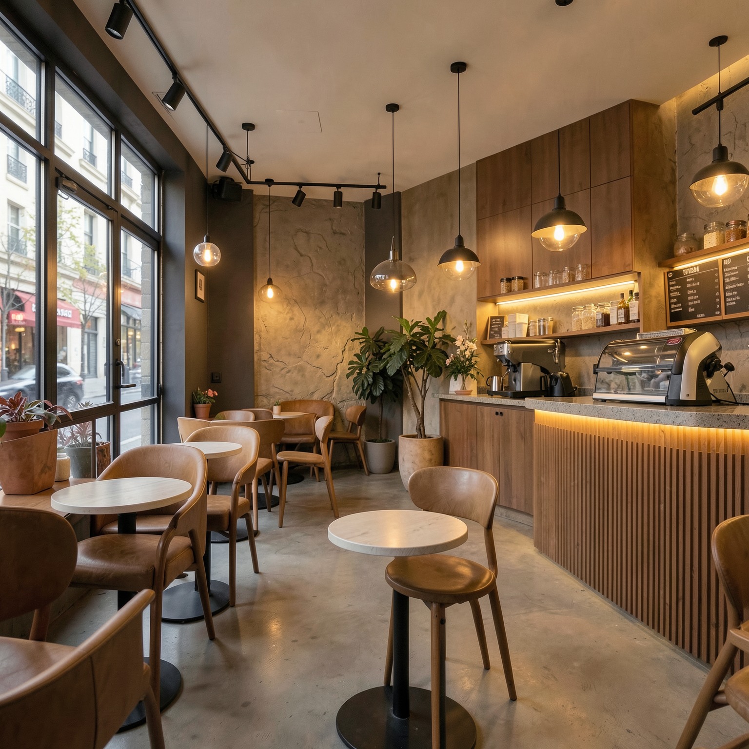 Stylish coffee shop interior with warm lighting and modern design
