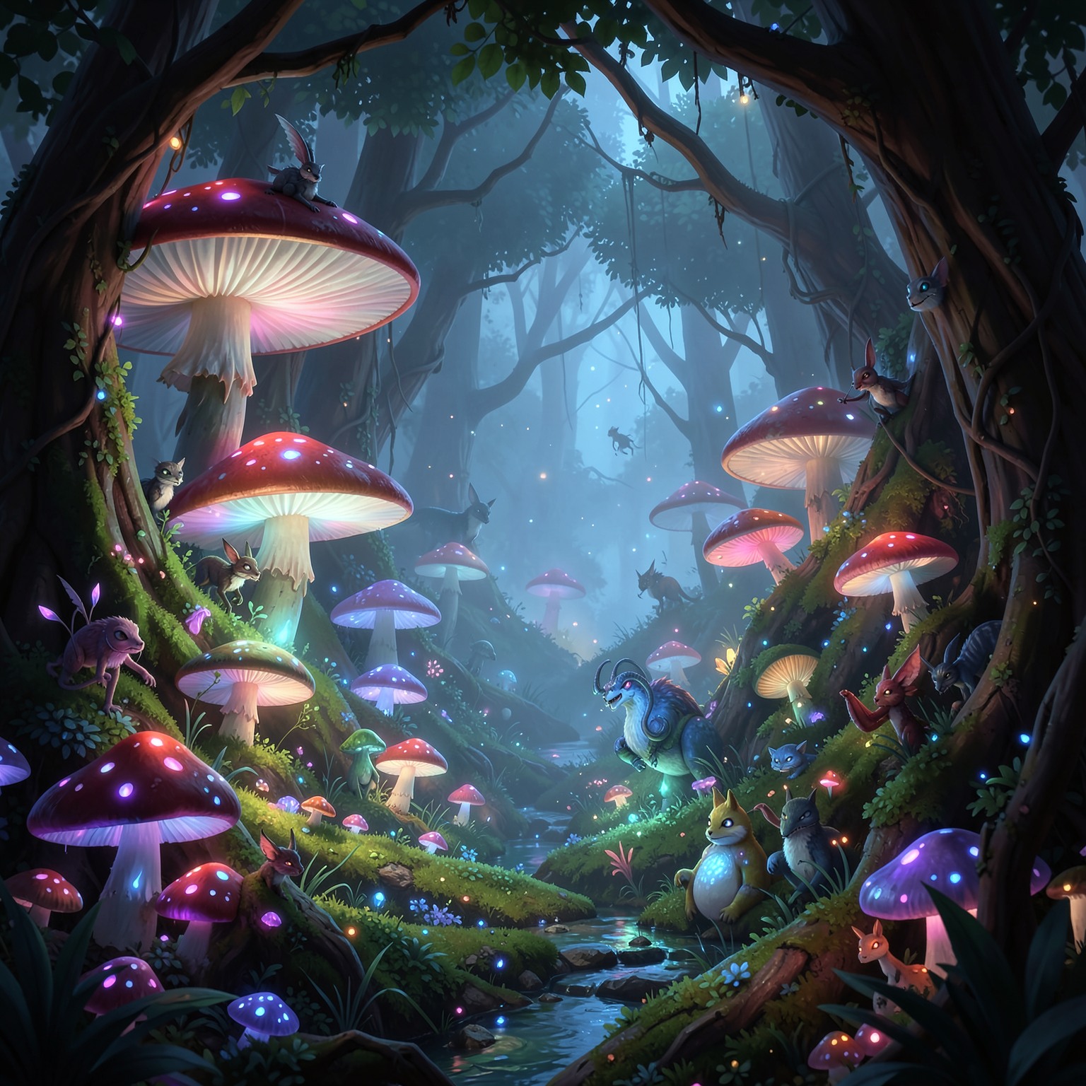 magical forest with glowing mushrooms and fantasy creatures