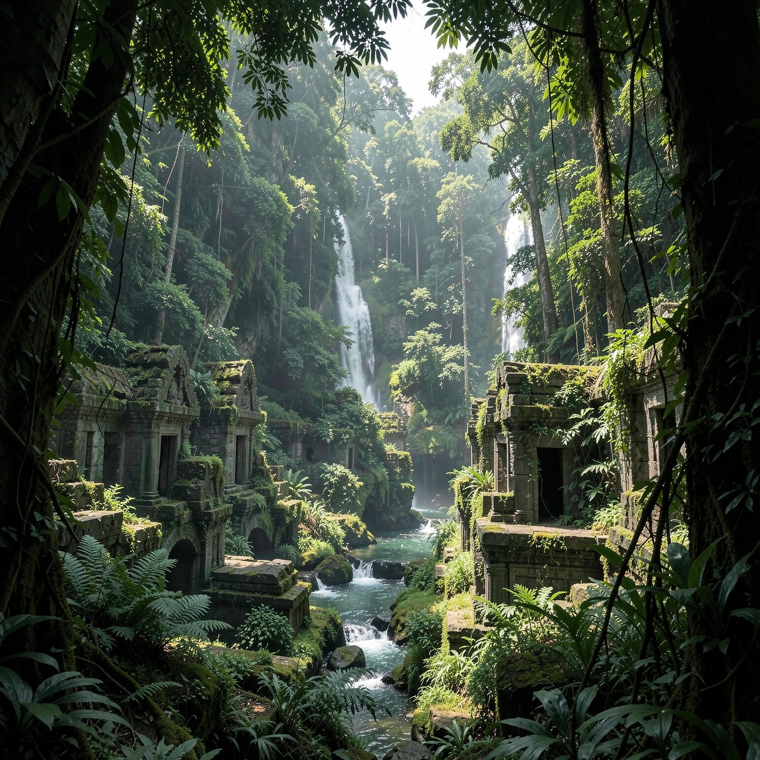 ancient ruins hidden deep inside jungle with waterfalls