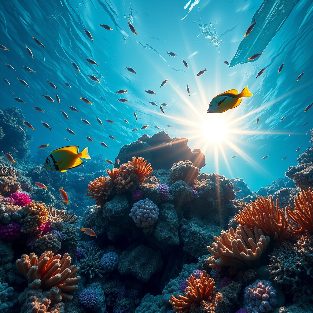realistic underwater scene with coral reef, colorful fish, sun rays, ultra detailed