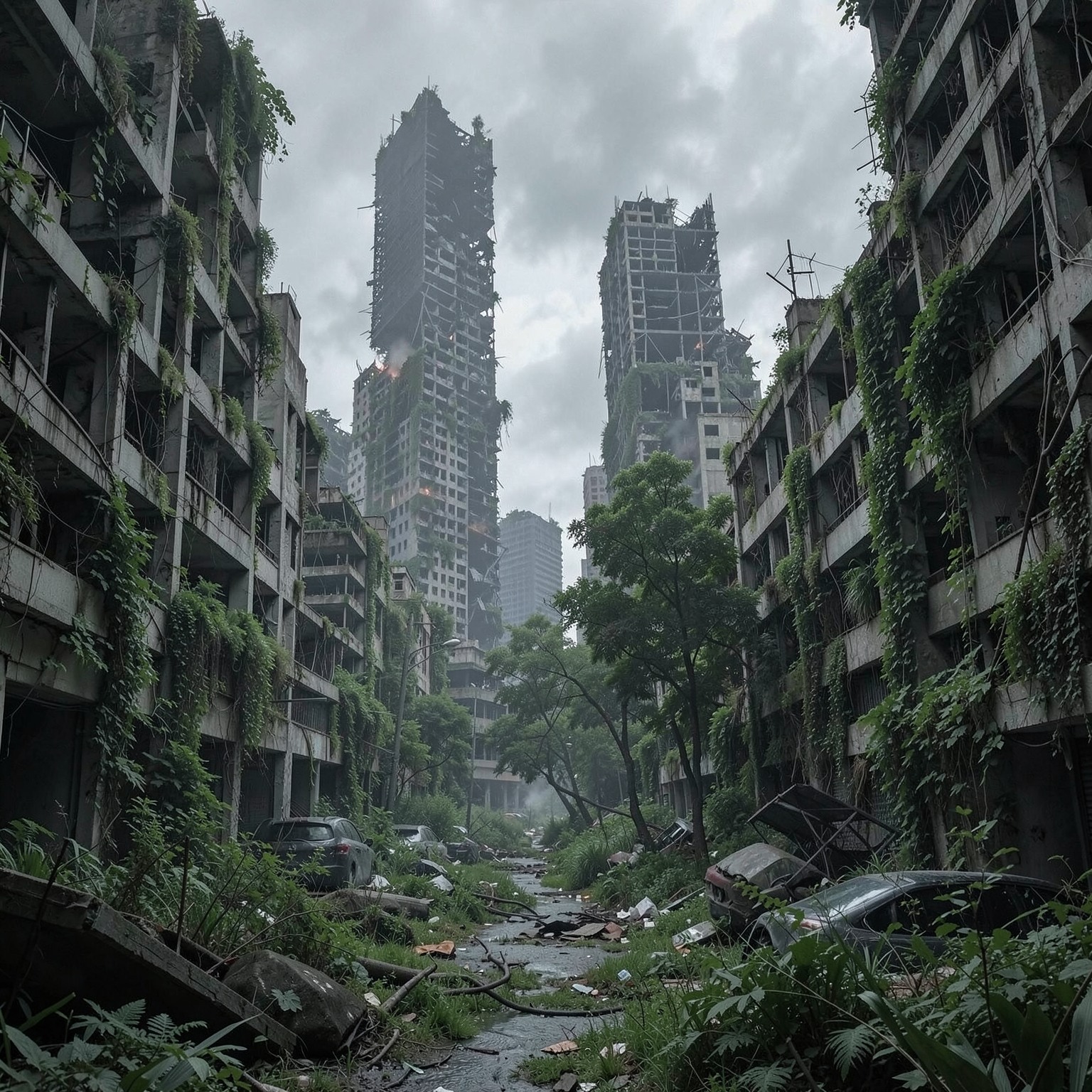 post-apocalyptic city with overgrown vegetation and destroyed skyscrapers