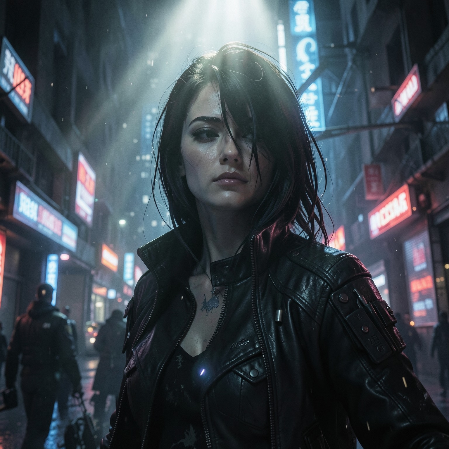 woman, cyberpunk, cinematic lighting, mysterious, concept art, god rays