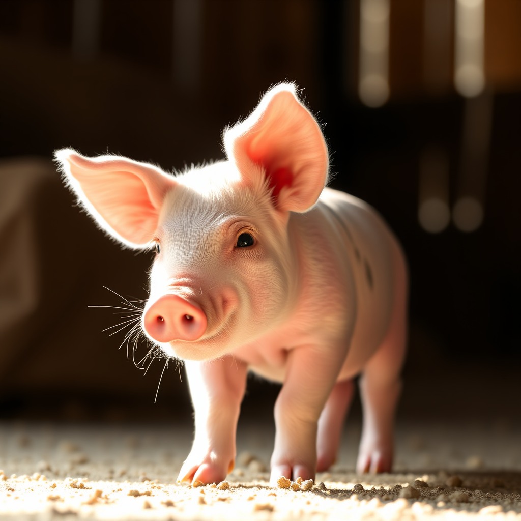 adorable baby piglet, soft pink skin, warm barn light, ultra cute style